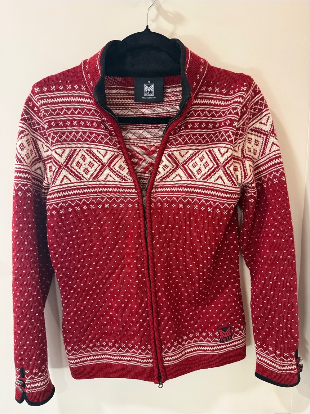 Dale of Norway Red and White Zip-Up Fair Isle Wool Sweater